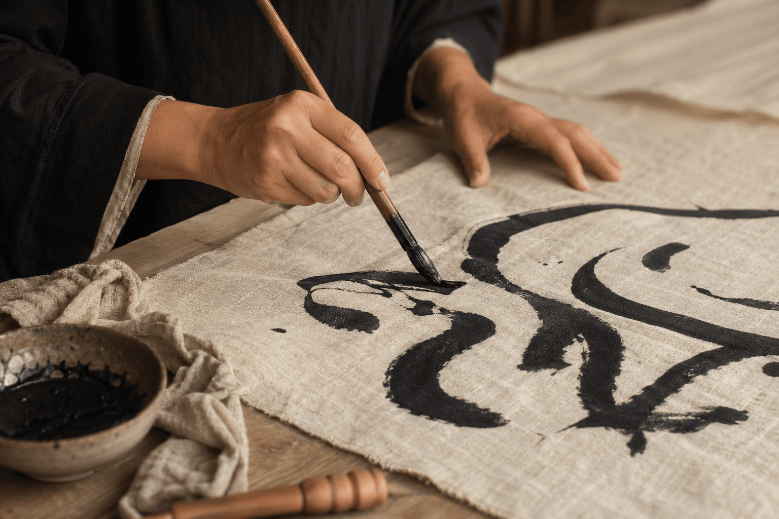 Motif calligraphique peint à la main sur textile